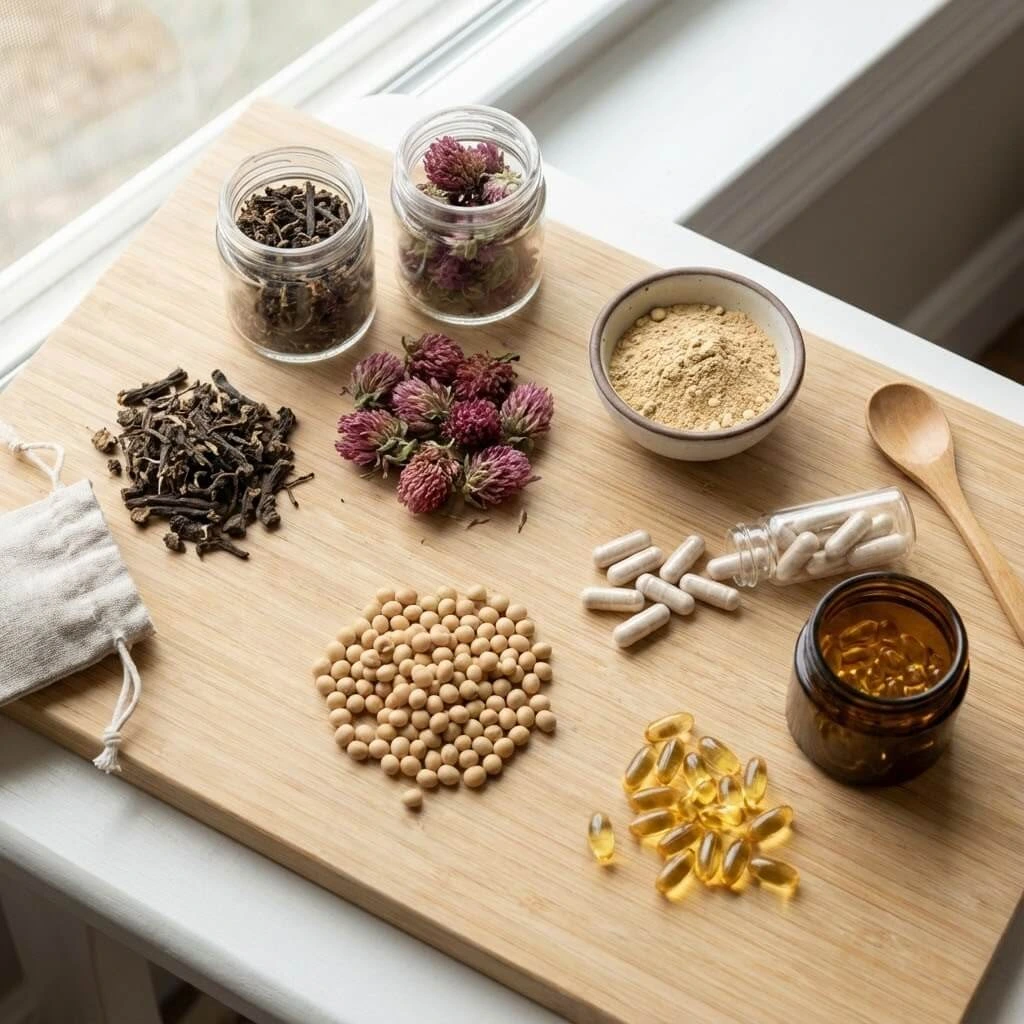 unnamed (66)(1) Ingrédients naturels pour compléments de la ménopause incluant actée à grappes noires, trèfle rouge, soja, maca, magnésium et vitamine D