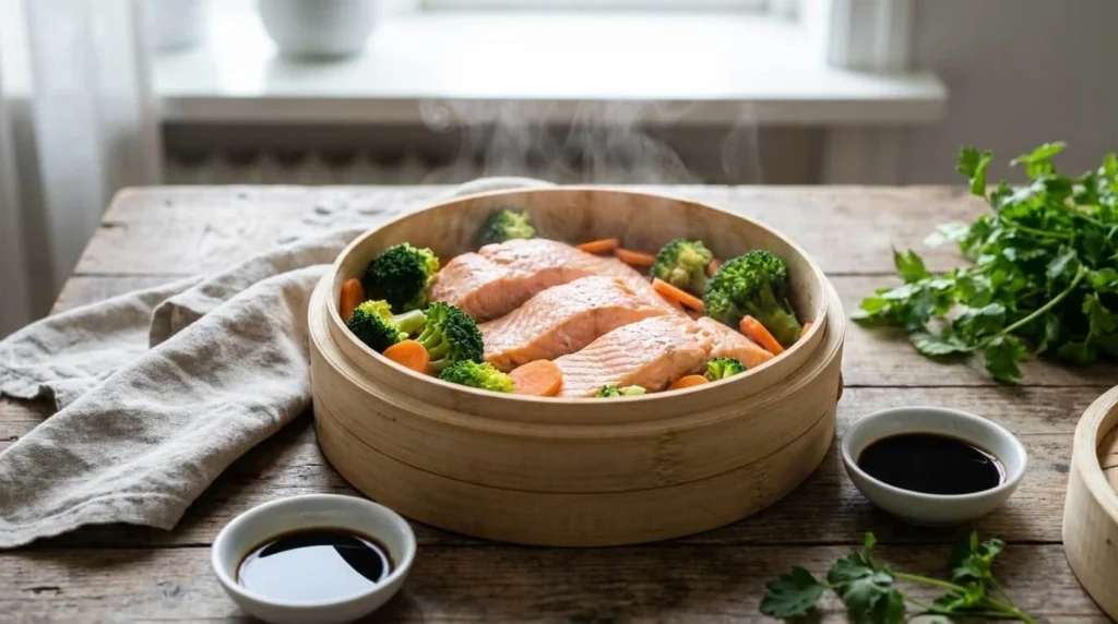 Cuisson à la vapeur : brocolis, carottes et saumon préservant vitamines et nutriments