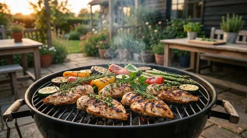 Grillade saine : légumes et poulet grillés avec peu de matières grasses