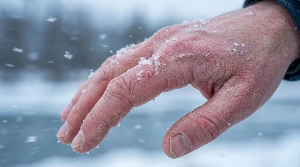 Peau exposée au froid hivernal montrant les effets de la sécheresse cutanée et de la perte d’hydratation