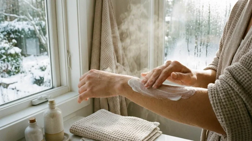 Application d’une crème hydratante après la douche pour prévenir la sécheresse de la peau en hiver