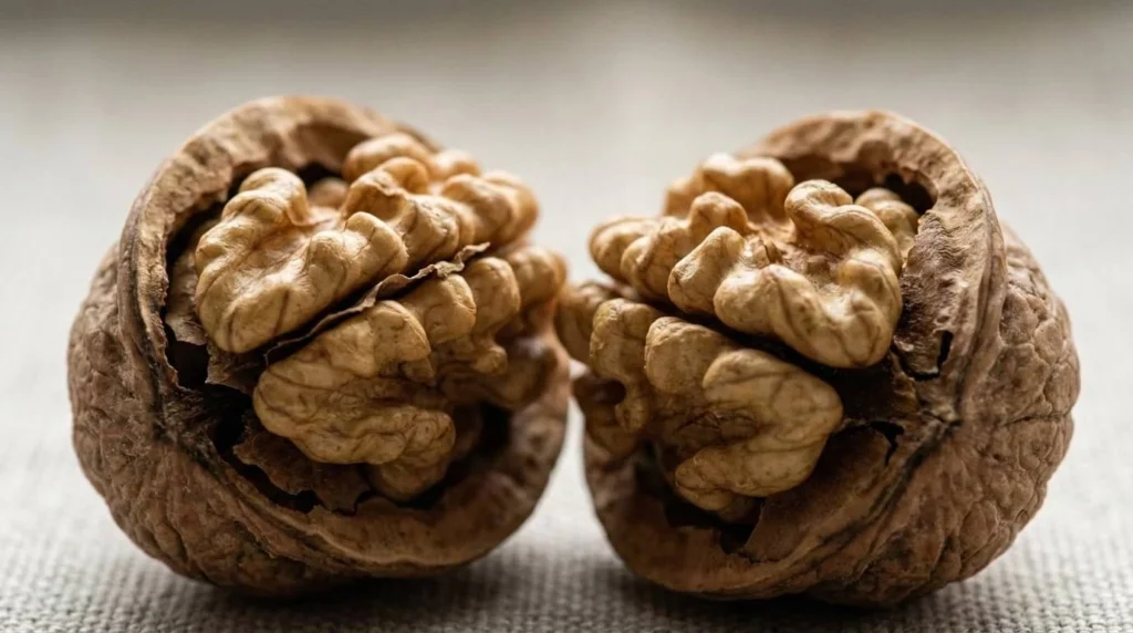 Noix ouverte rappelant la forme du cerveau, symbole des bienfaits naturels des noix pour la santé cérébrale