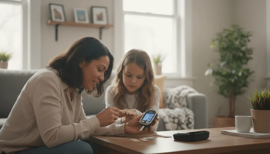 Enfant atteint de diabète de type 1 surveillant sa glycémie avec l’aide d’un parent.