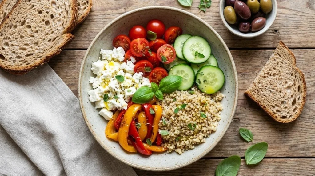 Repas équilibré avec fromage et légumes pour contrôler la tension