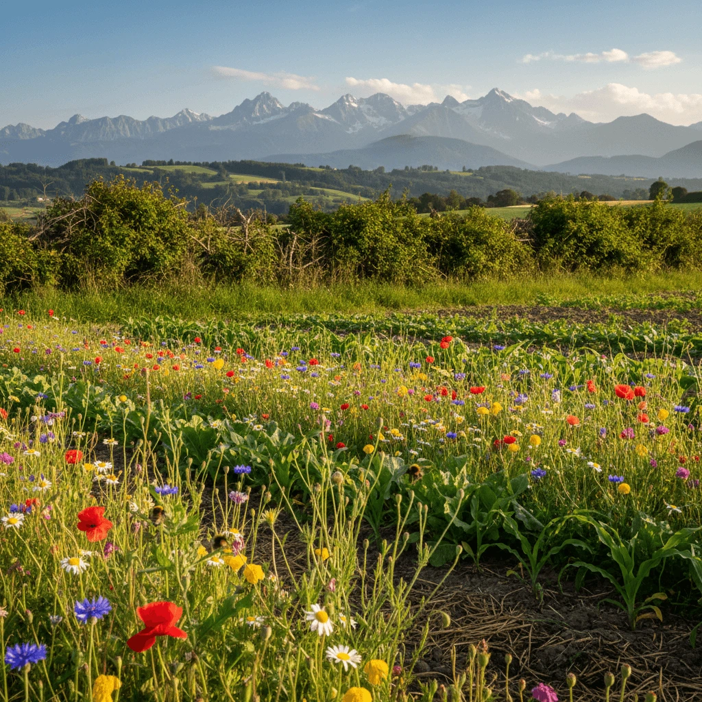 Biodiversité sur une exploitation Bio Suisse avec haies naturelles et fleurs sauvages favorisant les pollinisateurs.