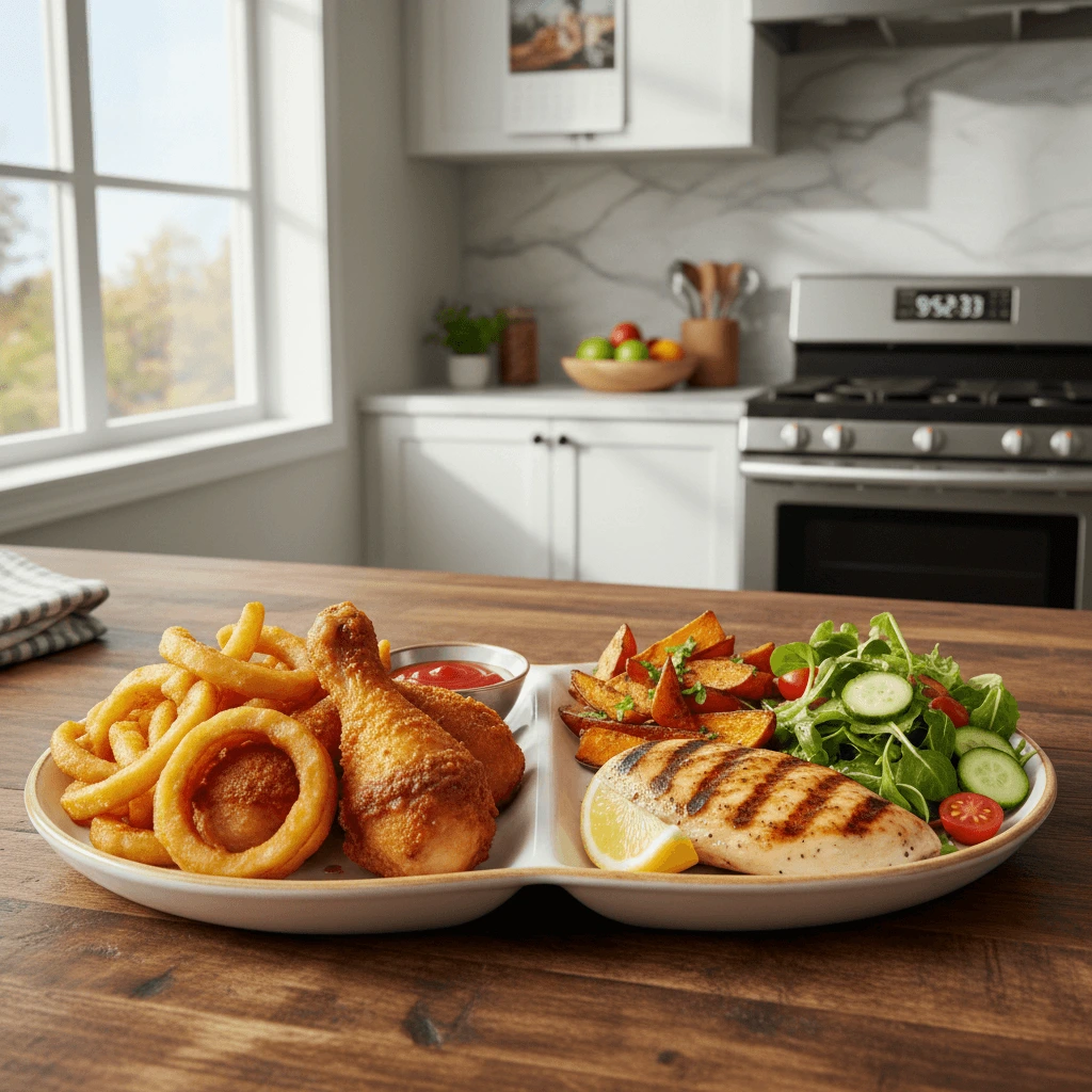 Comparaison entre aliments frits et alternatives saines cuites au four pour réduire progressivement la consommation de fritures.