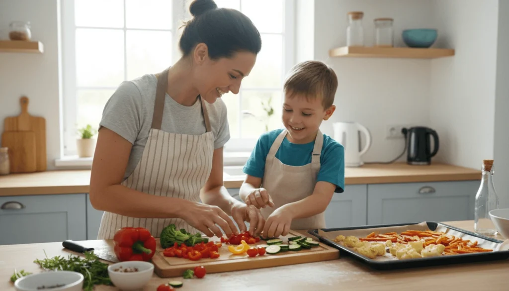 Parent et enfant préparant ensemble des en-cas sains au four pour réduire la consommation d'aliments frits chez les enfants.
